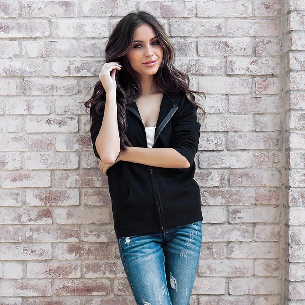 Женские свободные топы с длинным рукавом пальто капюшоном на молнии спереди