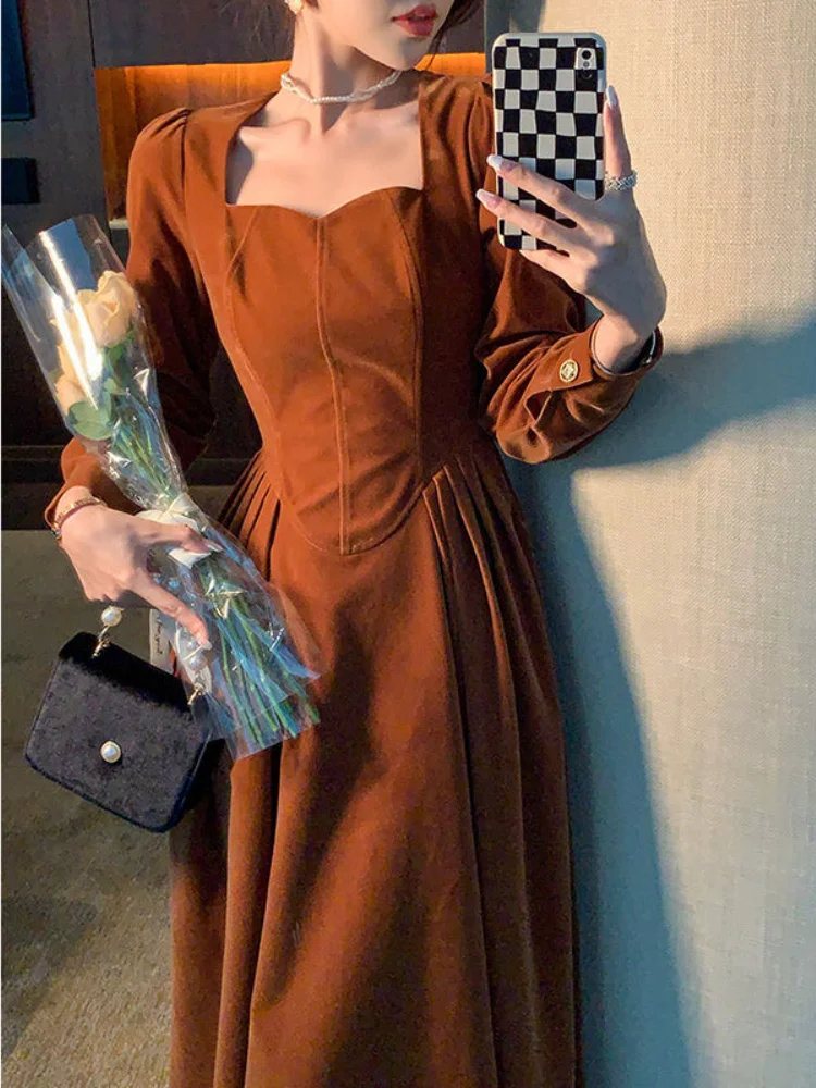 Французское винтажное платье женское однотонное элегантное вечернее