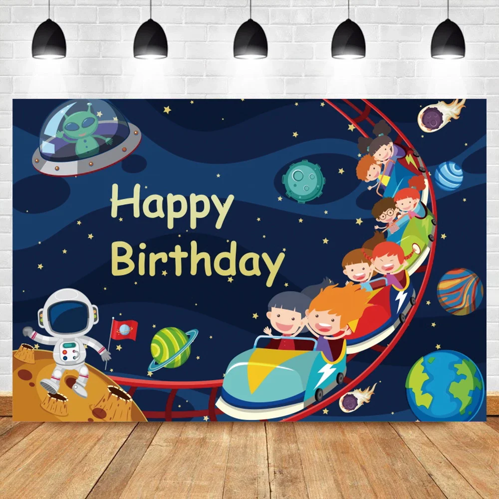 

Laeacco мультфильм космический корабль астронавт детский день рождения фотографический фон Вселенная Звездный ребенок фотосессия фон фотост...
