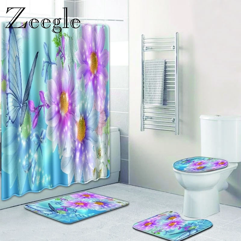 

Zeegle Bathroom Shower Curtain and Bath Mat Sets 4PCS 3D Printed Toilet Mat Microfiber Bath Rug Non Slip Shower CarpetS
