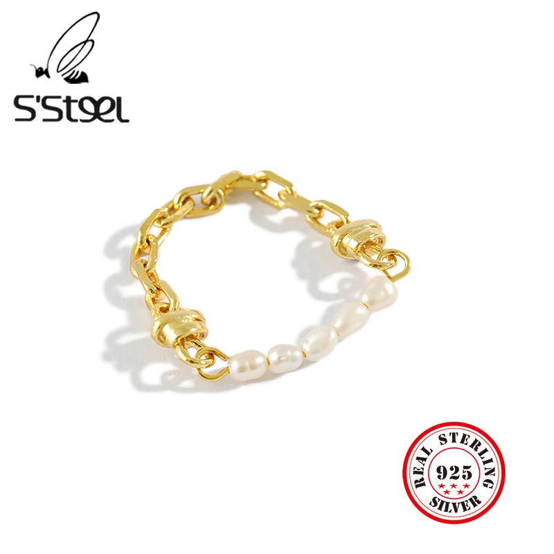 

S'STEEL Baroque Freshwater Pearl Rings For Women 925 Sterling Silver Chain Gold Ring Anillos De Plata 925 De Ley Mujer jewelry