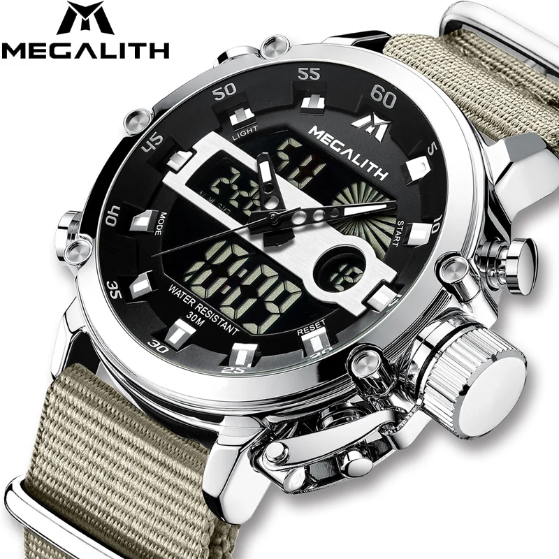 

MEGALITH Mens Watches Top Fashion Brand Wateproof Sport Multifunction Watch Man Nylon Band Dual Display Date Week Man Watch 8051