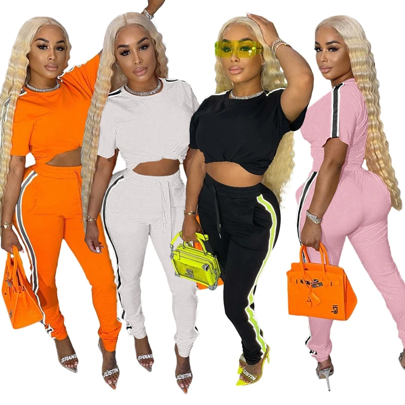 

ZKYZWX летний комплект из двух предметов футболка с коротким рукавом топ карманы брюки для женщин спортивный костюм наряды для женщин уличная ...