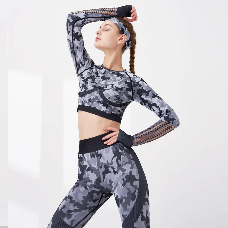 

Fashion Seamless Yoga Set Camouflage Hollow-Out Sportswear Gym Leggings Breathable Long-sleeved workout Clothes For Women Set