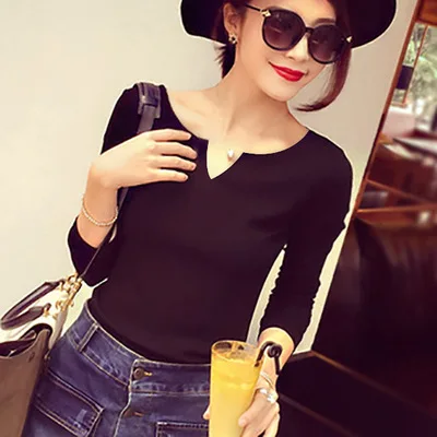 2019 весна осень женская футболка с длинным рукавом Тонкая черный белый хаки v