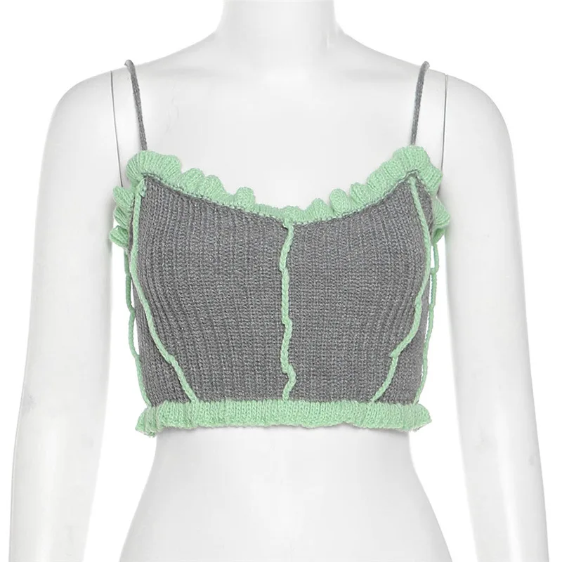 

ALLNeon 2000s Fashion Green Ruffles Knitted Corset Tops Y2K Streetwear Lace-Up Backless Patchwork Cami Tops E-girl Crop Top 2021