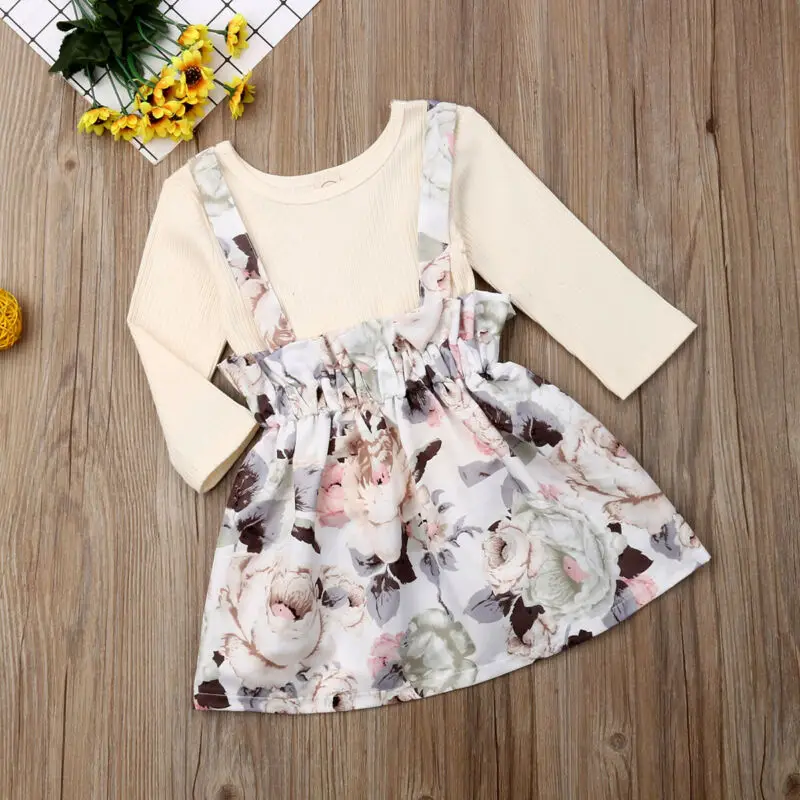 Комплект одежды для маленьких девочек однотонный топ с длинным рукавом + платье