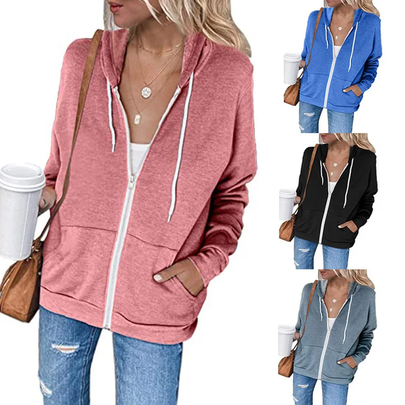 

Autumn Winter 2020 Zip-up Autumn Winter Women Hoodies Pockets Jacket Female Clothes Drawstring Black Gray Hoody Polyester Coats
