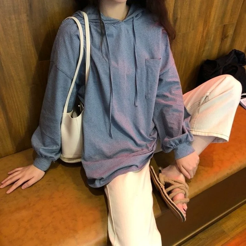 

With Hat Hoodies Women Students Korean Style Harajuku Loose Striped All-match Fashion Oversize Simple Leisure Streetwear Thin