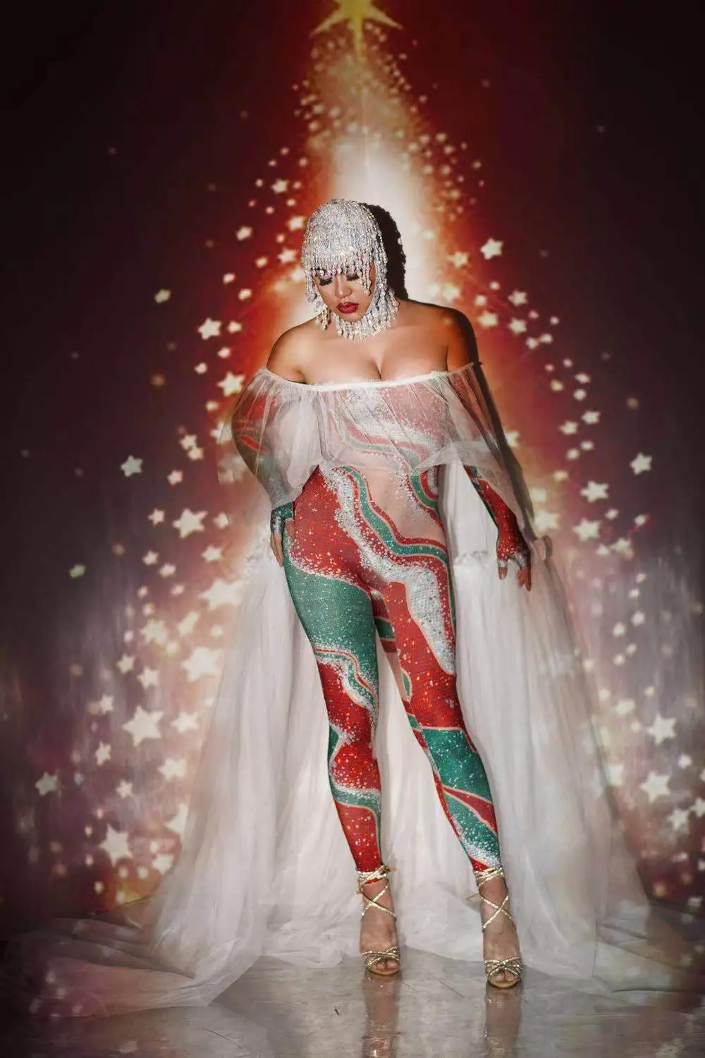 Christmas Sexy Women Skinny Red Green Rhinestone Tube Top Long Sleeves Jumpsuits with Hat Party Prom Women Performance Costumes