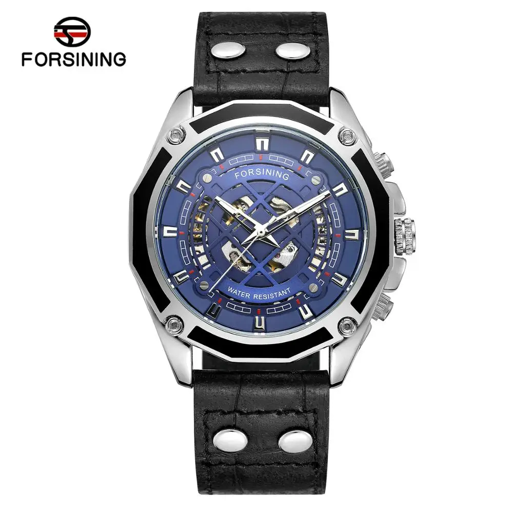 FORSINING Fashion casual men's mechanical watch blue dial spider web hollow Roman numeral time scale black leather strap automatic holiday gift |