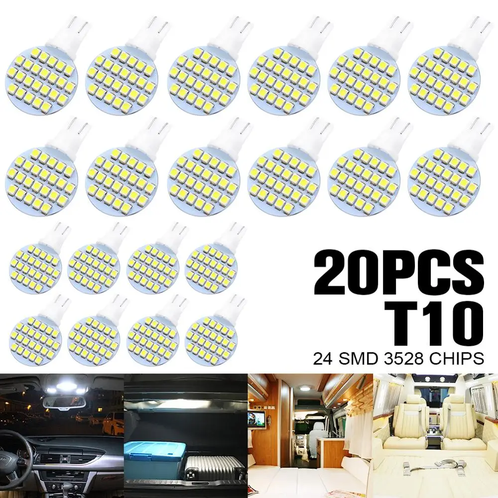 

20X Car Auto Sidelight White Wedge Light T10 168 194 W5W 24 SMD LEDs 3528 Chips Dome Lamp Bulbs DC 12V Reading Bright Light