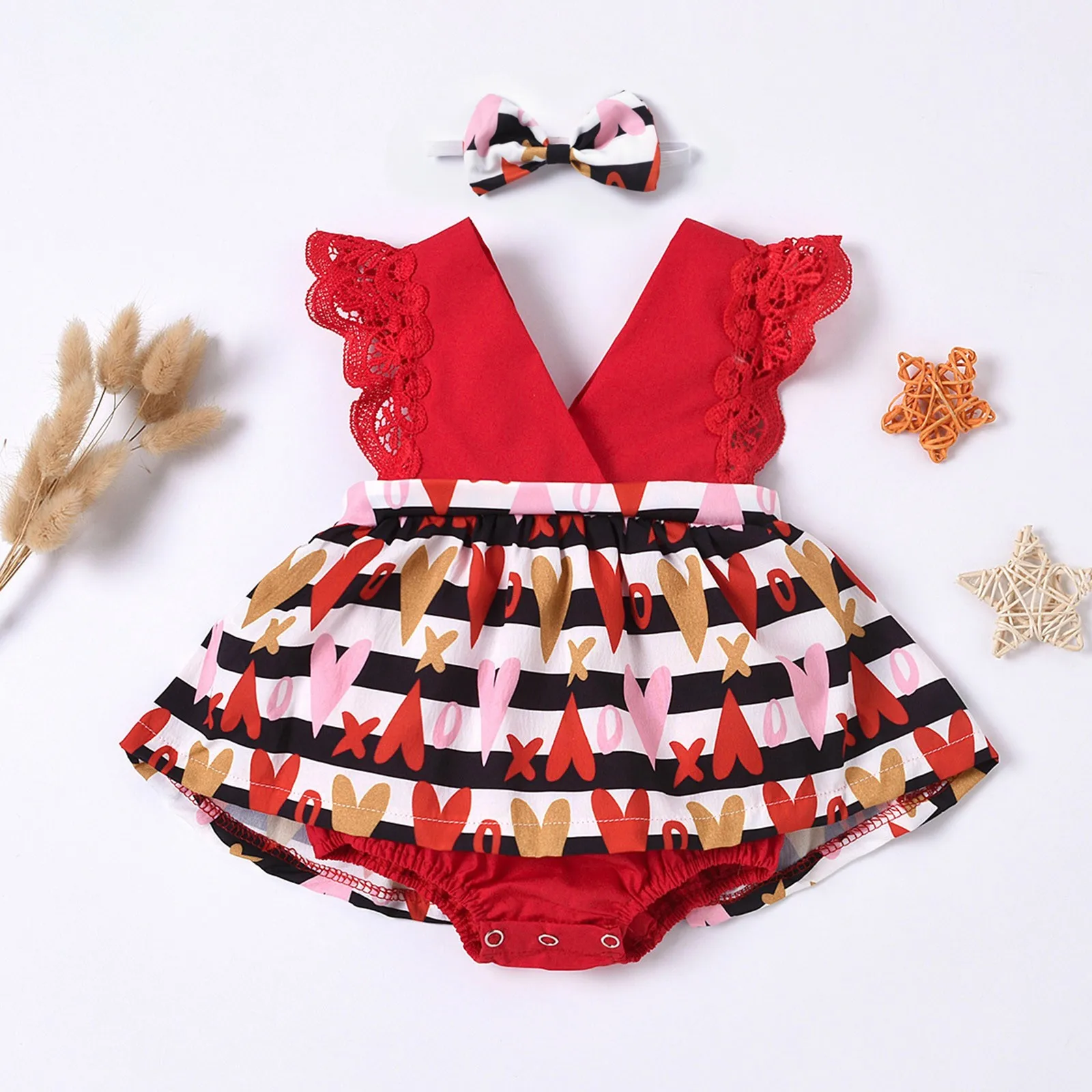 

Newborn Clothes Valentine's Day Baby Kids Sleeveless Printed Romper jumpsuit+headband Set Baby Romper Outfits Bebek Giyim