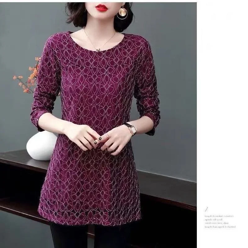 

Sexy Hollow Out Lace Blouse Women Casual O Neck Long Sleeve Shirts Female Elegant Purple Loose Plus Size Tops L-5XL X797