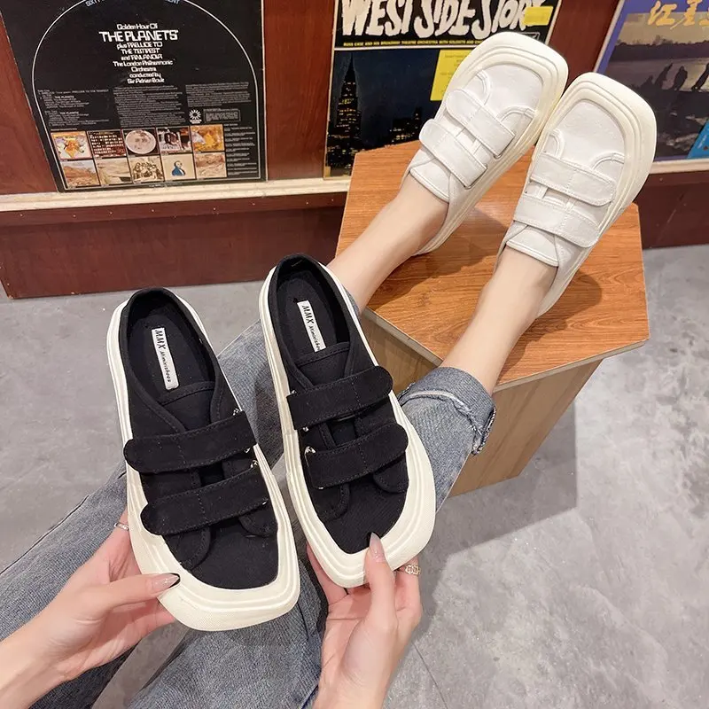 

Shoes Women Low Slippers Summer Square Toe Pantofle Platform Luxury Slides Soft 2021 Designer Cover Casual PU Canvas Hook & Loo