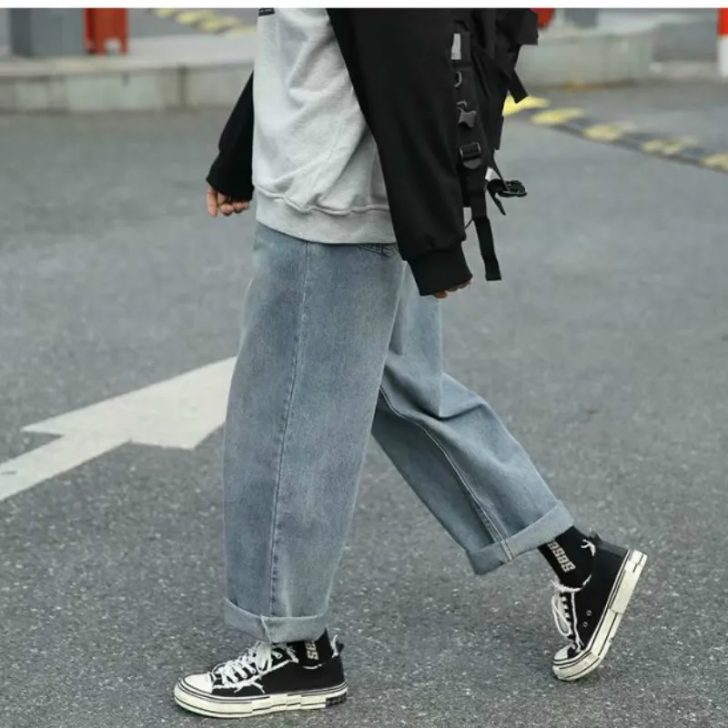 

Men Jeans Denim Solid Simple Straight Loose Plus Size 3XL Korean Hot Fashion Style All-match Students Leisure Cargo Streetwear