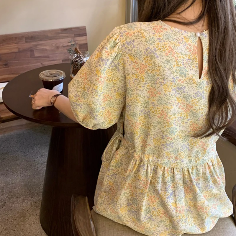 

Summer New Dress Women Young School Style Short Puff Sleeve Floral Drawstring A-Line Loose Casual Fashion Ulzzang Ins Streetwear