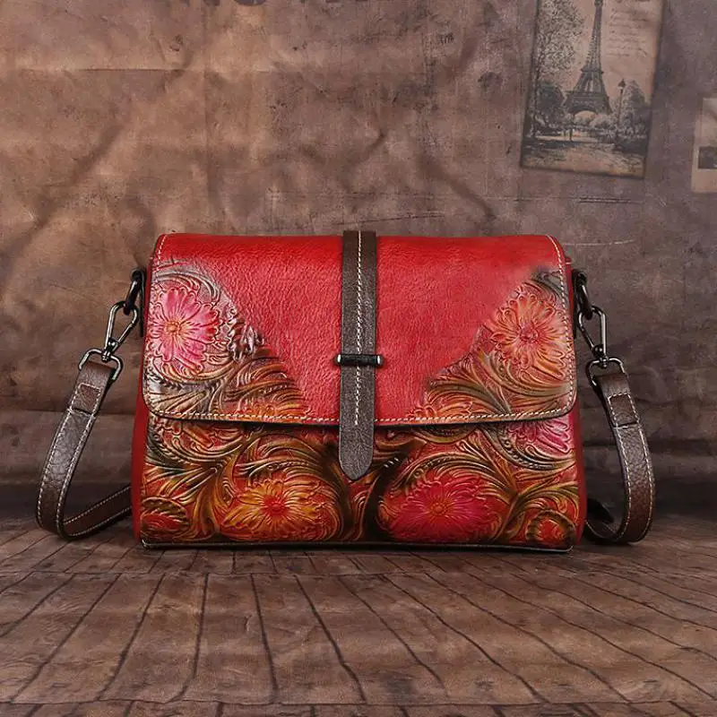 

Women messenger Bag Handmade Embossed Vintage Shoulder Bags Genuine Leather Handbag Female Luxury Chinese Style flap Bag
