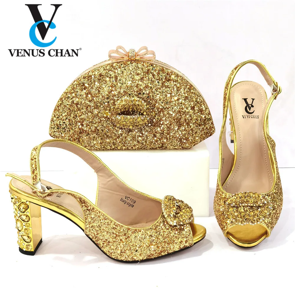 

Новое поступление 2021, элегантная женская обувь и сумка в итальянском стиле золотого цвета вечерние ринки, свадьбы, новый комплект, украшенн...