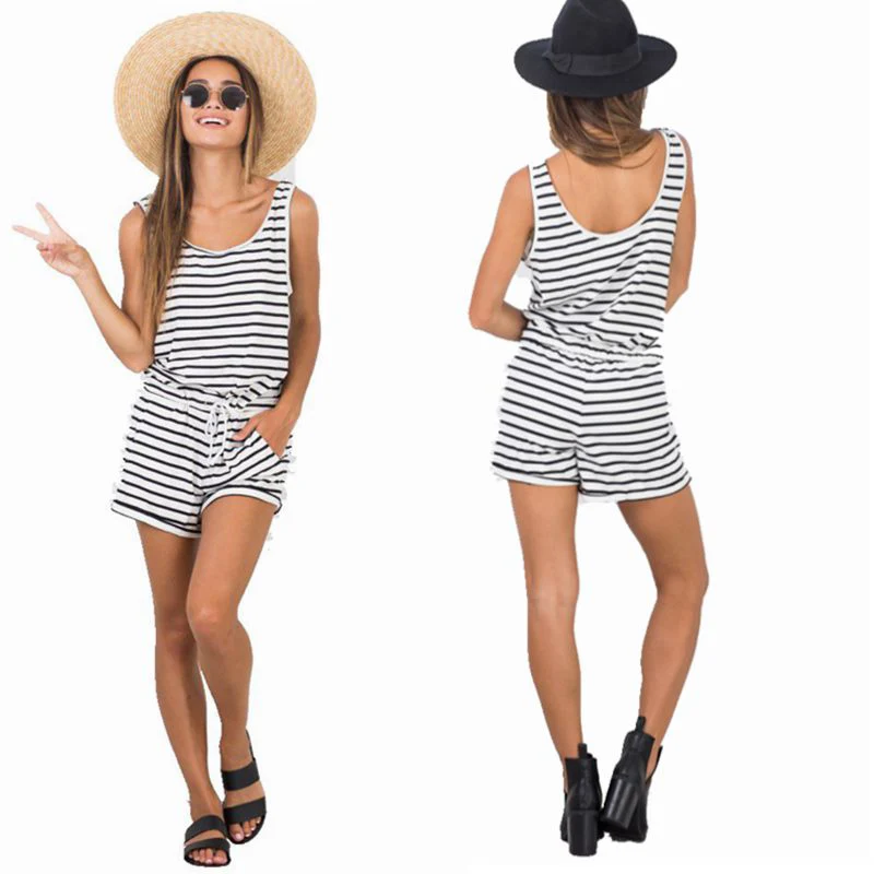

Popular New arrival Casual women Summer Striped Jumpsuit Backless Sleeveless O-neck with Pockets loose short