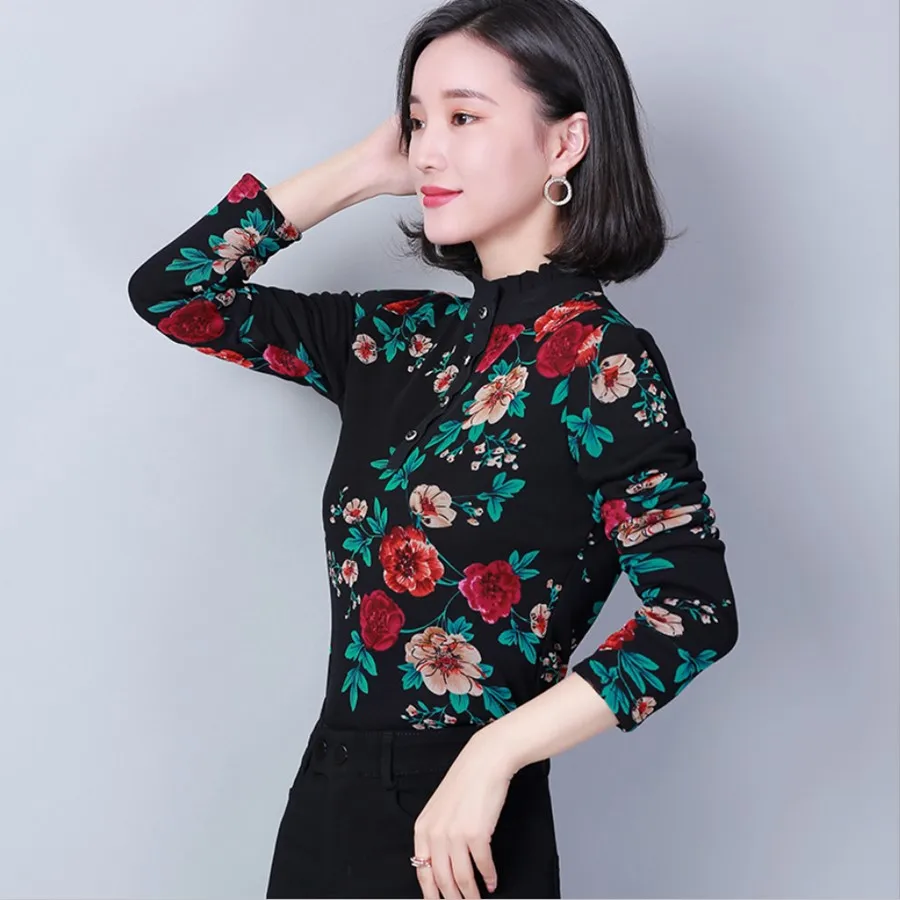 

Plus Size 4XL Thick Velvet Long Sleeve Tshirt Women 2019 Autumn Winter Lace Half-Turtleneck Bottoming Shirt Lady Work Wear Tops