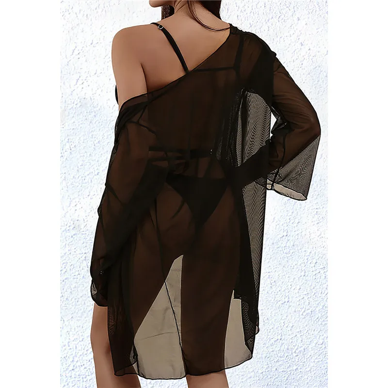 

2021 Fashion Trend Women's Solid Color 3Pcs Bikini Suit Deep V-neck Sling Tops with Side Tie Bottoms Long Beach Cardigan