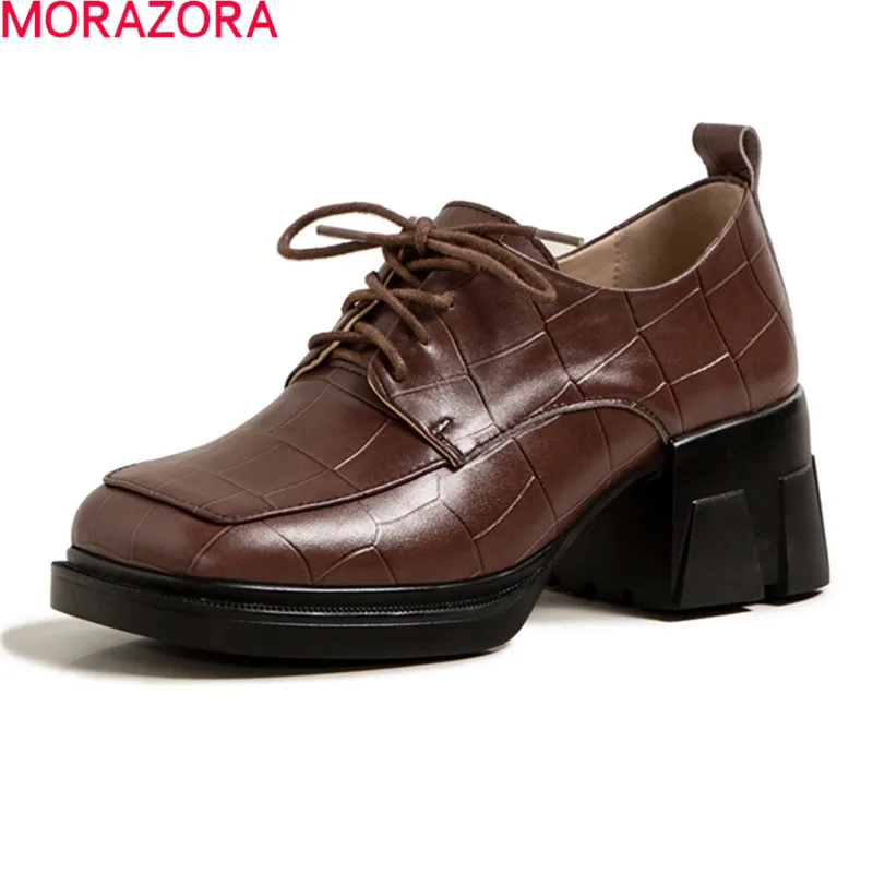 

MORAZORA 2021 New Arrival Women Pumps Thick Heels Square Toe Lace Up Casual Ladies Shoes Genuine Leather Pumps Black Brown
