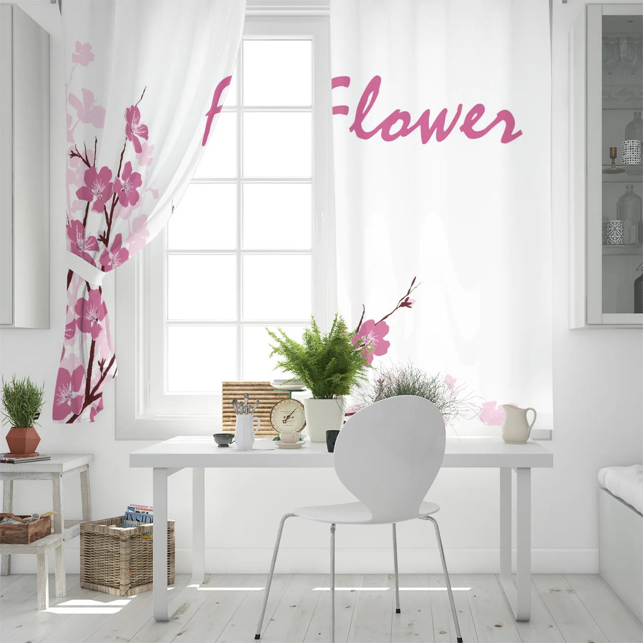 Цветочные персиковые лепестки ветки весенние розовые оконные шторы гостиная