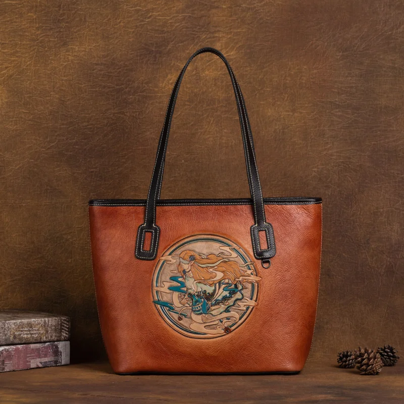 

New leather handbag top layer cowhide constellation embossed Tote Bag Black women's bag