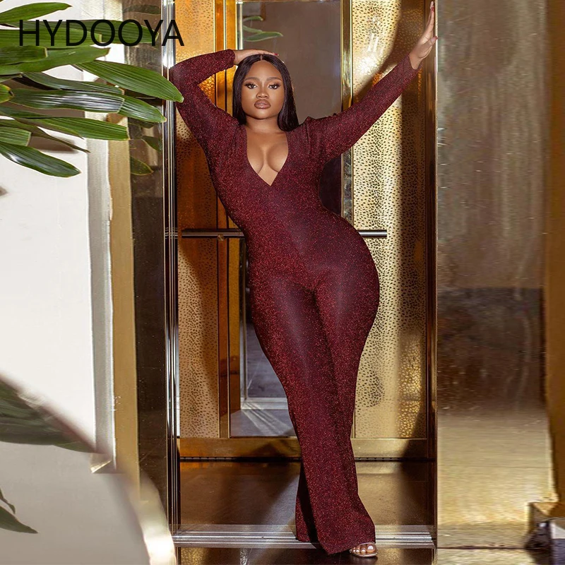 

Luxury Sparkly Wide Leg Jumpsuits Sexy Deep V-Neck Long Sleeve Tights Rompers Autumn Clothes Women Night Club Birthday Outfits