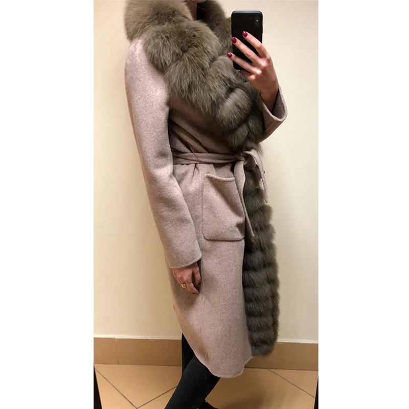 Женская кашемировая шуба из натурального меха, Роскошная Шуба с большим лисьим меховым воротником, толстая длинная шуба высокого качества, стиль