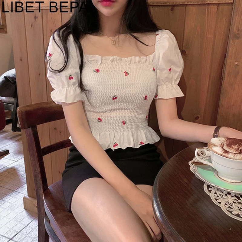 Блузка женская с квадратным вырезом Повседневная Эластичная рубашка рукавами