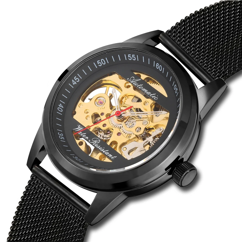 

Минималистичные Золотые механические часы унисекс, часы-скелетоны, стальные сетчатые автоматические водонепроницаемые мужские и женские часы, Прямая поставка