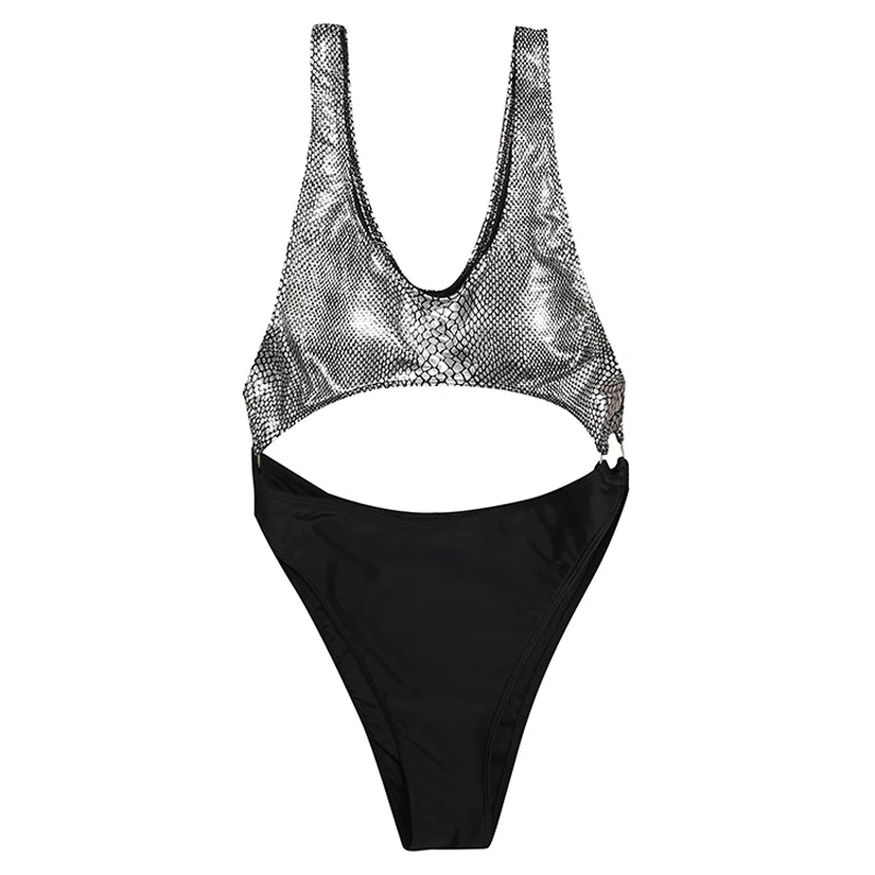

Serpentine Stitching Metal Ring High Fork Triangle One Piece Swimsuit Set Bikinis Women Swimwear 2021 New Beach Bathing Suits