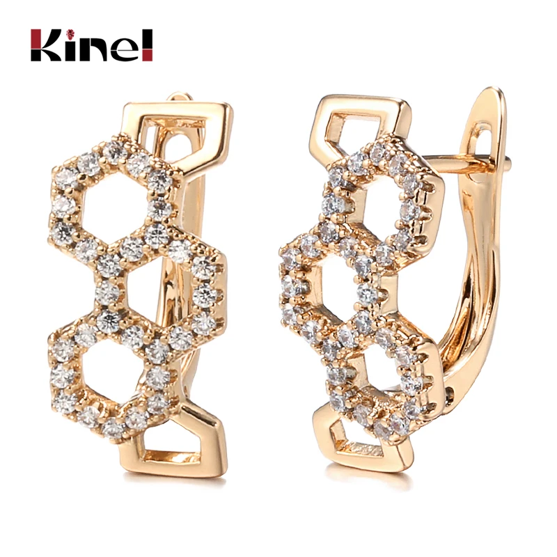 

Kinel Luxury Women 585 Rose Gold Stud Earrings Micro-wax Inlay Natural Zircon Geometry Earrings Bride Wedding Fine Jewelry