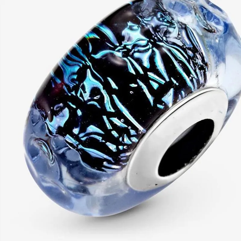 

100% 925 Sterling Silver Pan Charm Dark Blue Ocean Corrugated Glass Beads Fit Pandora Women Bracelet & Necklace Diy Jewelry