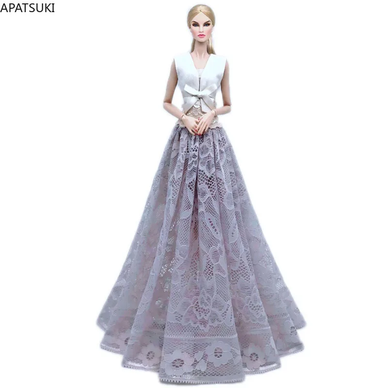 

Модный комплект одежды для куклы Барби, Одежда для кукол, белый жилет, пальто и серое кружевное длинное платье, аксессуары для кукол 1/6, игруш...