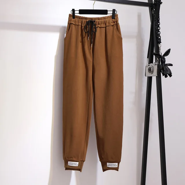 Хаки Весна осень размера плюс спортивные штаны для женщин большие повседневные свободные с эластичной талией хлопковые длинные брюки черные 4XL 5XL 6XL 7XL - Цвет: Хаки