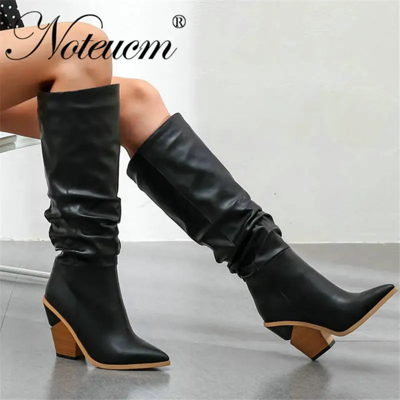 казаки Женские коричневые черные белые кожаные 2019 г. Модные осенние высокие