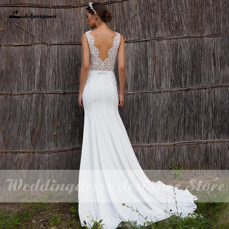 

Simple Bohemian Lace Wedding Dresses Plus Size Sleeveless V-neck Top Lace A-line Chiffon Robe De Mariage Boho Wedding Dress