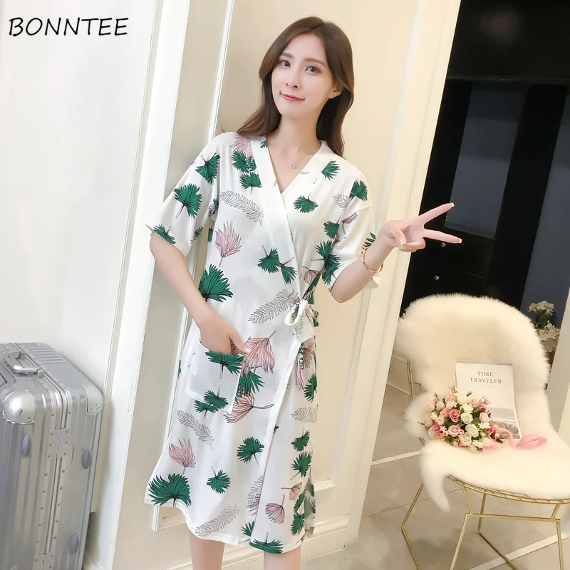 Женский хлопковый банный халат с коротким рукавом и цветочным принтом|Халаты| |