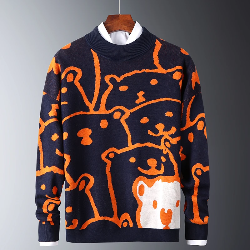 

2021NEW Mens Autumn Casual Sweaters Polar Bear Pattern Trendy Slim Sweaters Cotton Long Sleeve Round Collar Male Warm Pullovers
