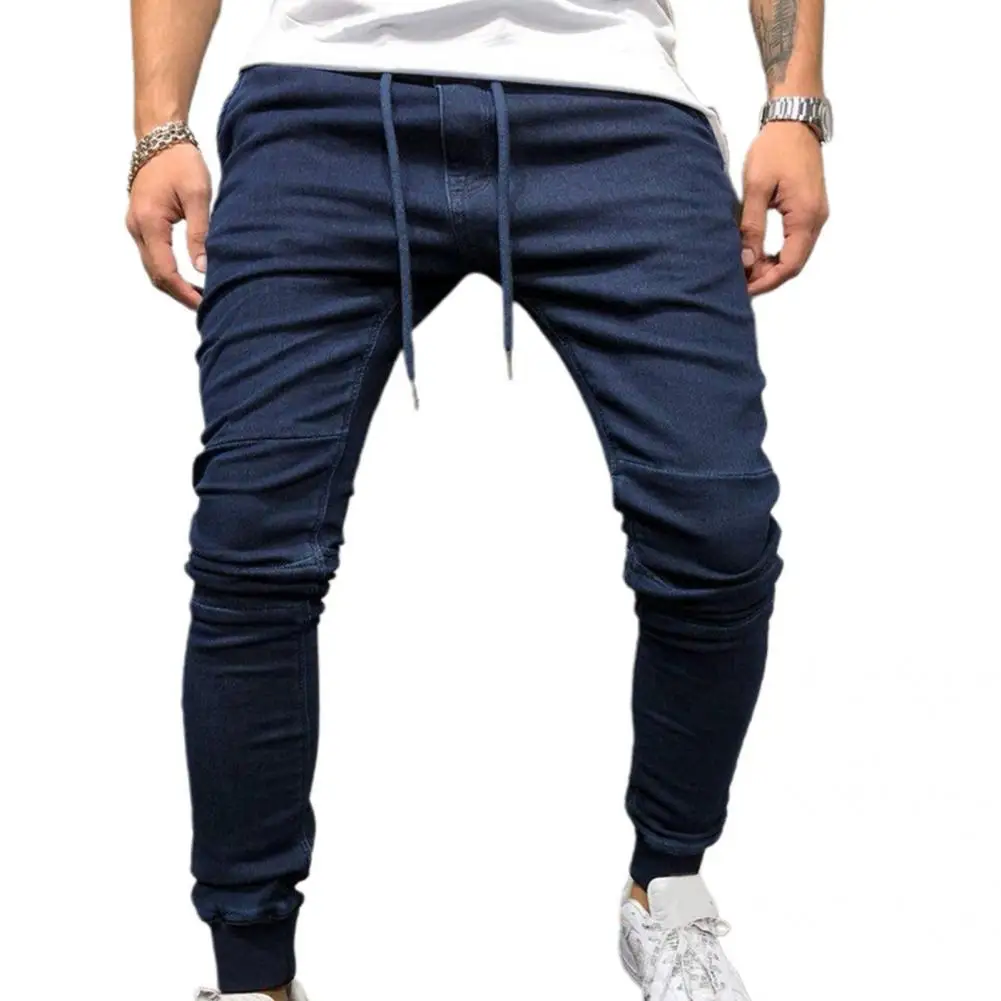 

Casual Men Jeans Drawstring Solid Color Denim Mid Waist Ankle Banded Pencil Trousers Plus Size Men Denim Pants pantalones hombre