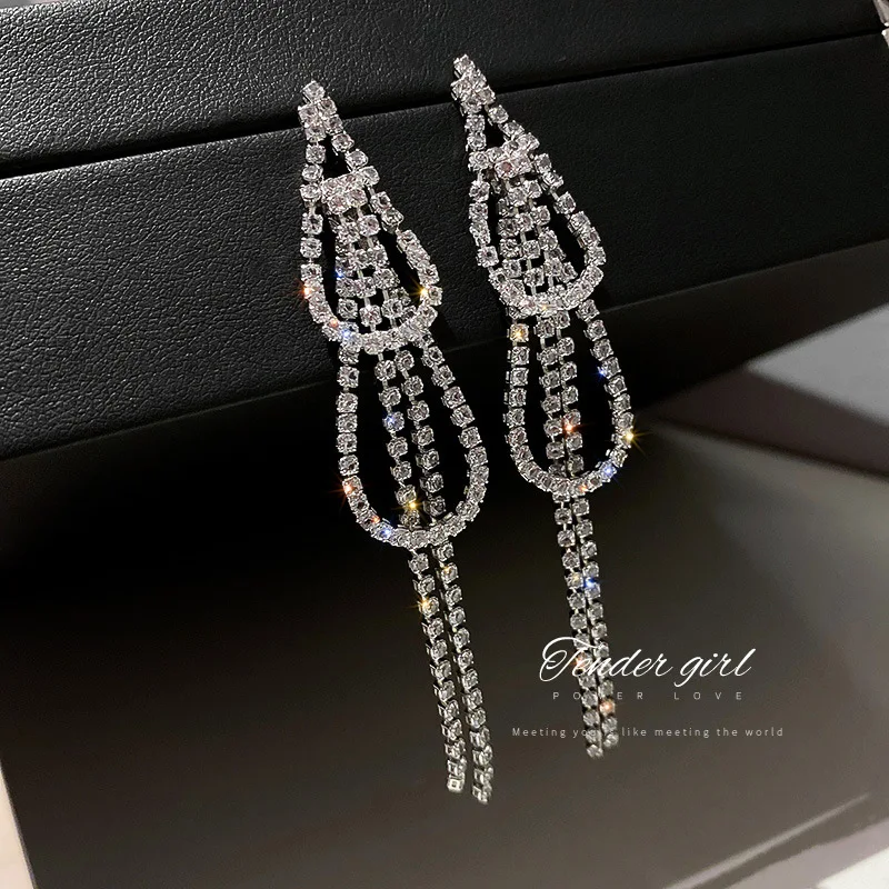 

925 Silver Needle European And American Fashion Exaggeration Tide Full Diamond Tassel Long Net Red Temperament Design Earrings