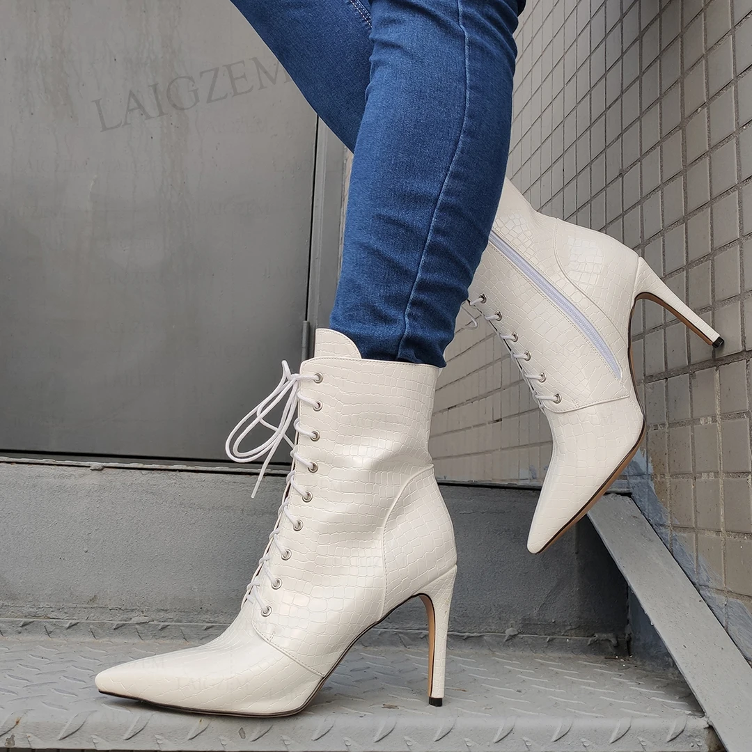 

DOHBANER Women Ankle Boots Pointed Toe Shoelace Side Zip Thin High Heels Short Boots Ladies Shoes Woman Shoes Big Size 39 44 48