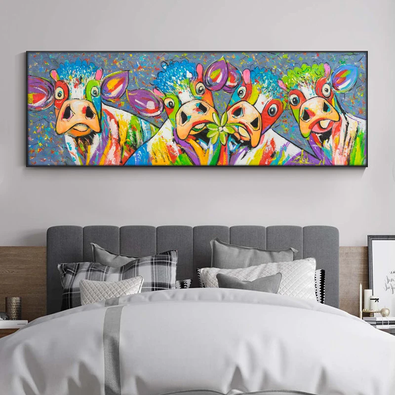 100% Hand Painted Oil Paintings Abstract Colorful Cow On Canvas Modern Wall Art Pictures For Living Room Home Decor Best Gift | Дом и сад