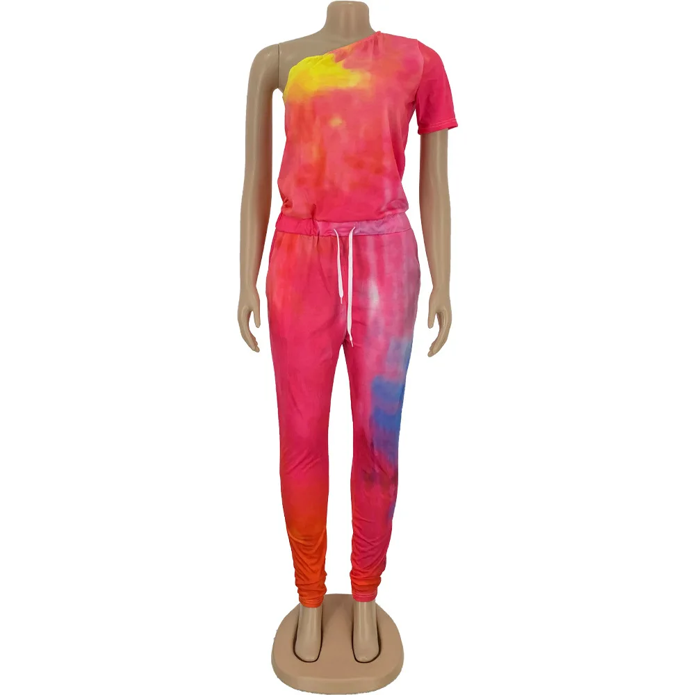 

Cutubly Short Sleeve Jumpsuits Tie Dye Print Jumpsuit One Shoulder Skew Neck High Waist Women Fashion Sexy Casual Long Romper