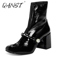 black patent leather metal chain ankle boots for women fashion chunky heel pearl women boots square toe slip on high heel boots