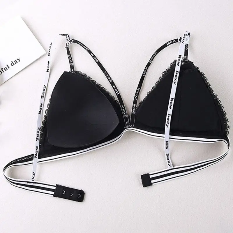 Women Teenage Girl Floral Lace Bra Spaghetti Letters Straps Cross Bandage Crop Top Wireless Removable Padded Striped Band