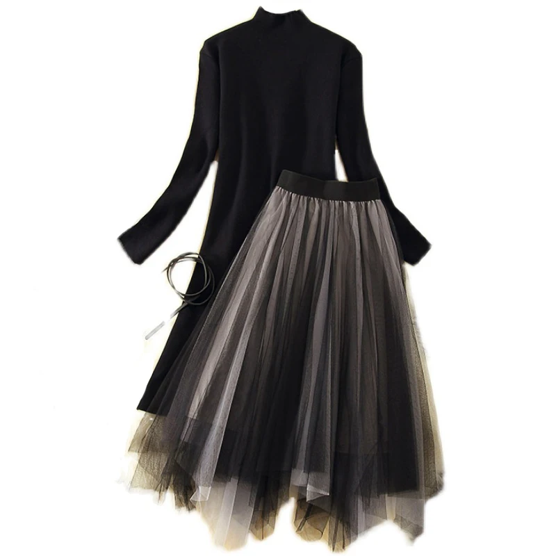 

Women Vintage Black Long Knit Dress suit Turtleneck Knitting Gauze Slim Dress 2 pcs set women 2020 Autumn Winter Dress